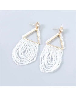 U.S. Boutique Fashion Triangle Hollow-out Beads Embellished Pendant Minimalist Acrylic Tassel Costume Earrings - White