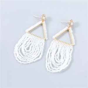 U.S. Boutique Fashion Triangle Hollow-out Beads Embellished Pendant Minimalist Acrylic Tassel Costume Earrings - White