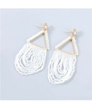 U.S. Boutique Fashion Triangle Hollow-out Beads Embellished Pendant Minimalist Acrylic Tassel Costume Earrings - White
