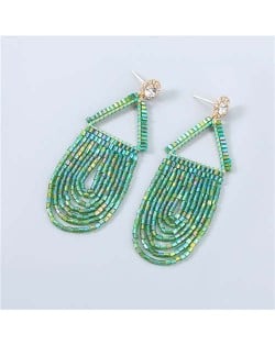 U.S. Boutique Fashion Triangle Hollow-out Beads Embellished Pendant Minimalist Acrylic Tassel Costume Earrings - Green