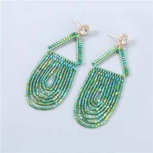 U.S. Boutique Fashion Triangle Hollow-out Beads Embellished Pendant Minimalist Acrylic Tassel Costume Earrings - Green