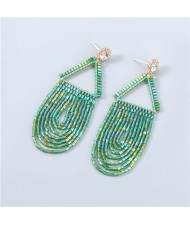 U.S. Boutique Fashion Triangle Hollow-out Beads Embellished Pendant Minimalist Acrylic Tassel Costume Earrings - Green