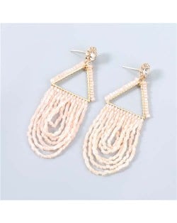 U.S. Boutique Fashion Triangle Hollow-out Beads Embellished Pendant Minimalist Acrylic Tassel Costume Earrings - Pink