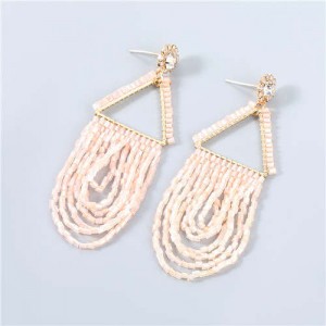 U.S. Boutique Fashion Triangle Hollow-out Beads Embellished Pendant Minimalist Acrylic Tassel Costume Earrings - Pink