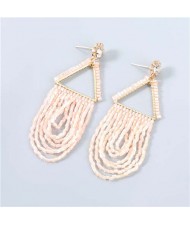 U.S. Boutique Fashion Triangle Hollow-out Beads Embellished Pendant Minimalist Acrylic Tassel Costume Earrings - Pink