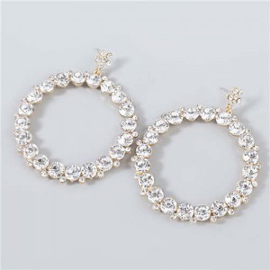 Rhinestone Inlaid Hoop Design Women Party Super Shining Wholesale Costume Earrings - White