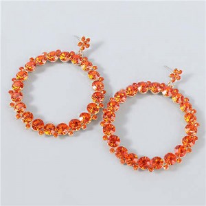 Rhinestone Inlaid Hoop Design Women Party Super Shining Wholesale Costume Earrings - Orange