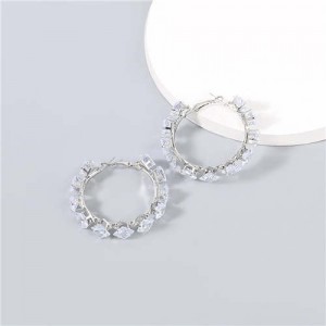 Shining Hoop Rhinestone Inlaid U.S. Fashion Banquet Style Women Wholesale Huggie Earrings - Small Silver