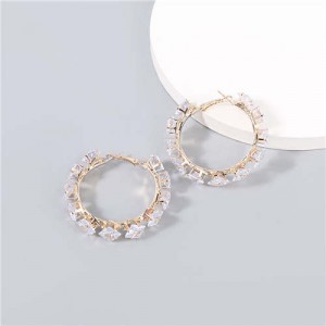 Shining Hoop Rhinestone Inlaid U.S. Fashion Banquet Style Women Wholesale Huggie Earrings - Small Golden