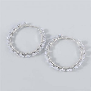 Shining Hoop Rhinestone Inlaid U.S. Fashion Banquet Style Women Wholesale Huggie Earrings - Big Silver