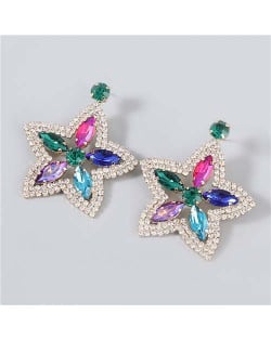 Boutique Fashion Hollow-out Pentagram Shape Rhinestone Super Shining Women Wholesale Earrings - Multicolor