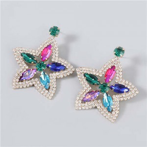 Boutique Fashion Hollow-out Pentagram Shape Rhinestone Super Shining Women Wholesale Earrings - Multicolor