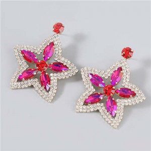 Boutique Fashion Hollow-out Pentagram Shape Rhinestone Super Shining Women Wholesale Earrings - Rose