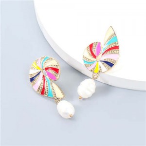 U.S. Vintage Wholesale Jewelry Conch Shape Artificial Pearl Colorful Oil-spot Glazed Women Earrings