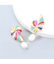 U.S. Vintage Wholesale Jewelry Conch Shape Artificial Pearl Colorful Oil-spot Glazed Women Earrings