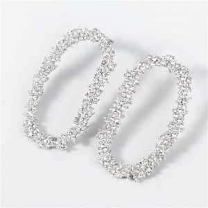 Shining Rhinestone Floral Hoop Design Fashion Women Wholesale Costume Earrings - Silver