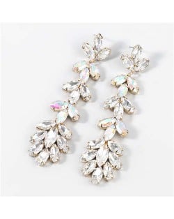 U.S. Fashion Rhinestone Inlaid Floral Design Long Tassel Women Dangle Wholesale Earrings - Luminous White