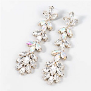 U.S. Fashion Rhinestone Inlaid Floral Design Long Tassel Women Dangle Wholesale Earrings - Luminous White