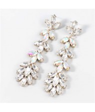 U.S. Fashion Rhinestone Inlaid Floral Design Long Tassel Women Dangle Wholesale Earrings - Luminous White