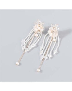 Rhinestone Inlaid Artificial Pearl Floral Tassel Elegant Boutique Design Women Wholesale Dangle Earrings - White