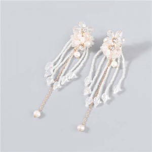 Rhinestone Inlaid Artificial Pearl Floral Tassel Elegant Boutique Design Women Wholesale Dangle Earrings - White