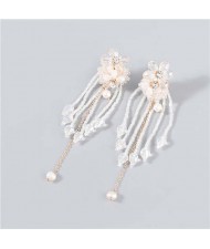 Rhinestone Inlaid Artificial Pearl Floral Tassel Elegant Boutique Design Women Wholesale Dangle Earrings - White