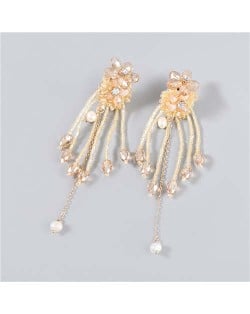 Rhinestone Inlaid Artificial Pearl Floral Tassel Elegant Boutique Design Women Wholesale Dangle Earrings - Brown