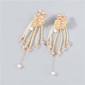 Rhinestone Inlaid Artificial Pearl Floral Tassel Elegant Boutique Design Women Wholesale Dangle Earrings - Brown