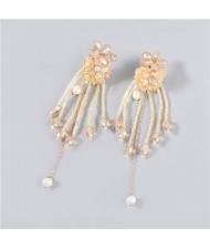 Rhinestone Inlaid Artificial Pearl Floral Tassel Elegant Boutique Design Women Wholesale Dangle Earrings - Brown