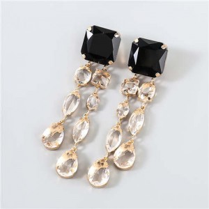 Rhinestone Inlaid Square Shape Waterdrop Pendant U.S. and European Fashion Long Tassel Women Wholesale Earrings
