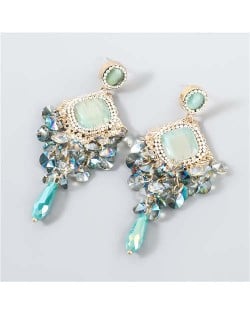 Rhinestone Rhombus Shape Shining Floral Design Korean Wholesale Jewelry Women Fashion Earrings - Green