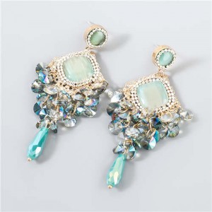 Rhinestone Rhombus Shape Shining Floral Design Korean Wholesale Jewelry Women Fashion Earrings - Green