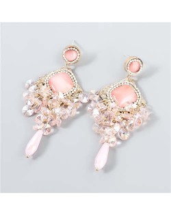 Rhinestone Rhombus Shape Shining Floral Design Korean Wholesale Jewelry Women Fashion Earrings - Pink