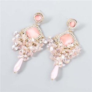Rhinestone Rhombus Shape Shining Floral Design Korean Wholesale Jewelry Women Fashion Earrings - Pink