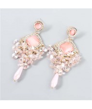 Rhinestone Rhombus Shape Shining Floral Design Korean Wholesale Jewelry Women Fashion Earrings - Pink