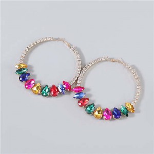 Super Shining Rhinestone Inlaid Hoop Design Banquet Fashion Women Costume Wholesale Earrings - Multicolor