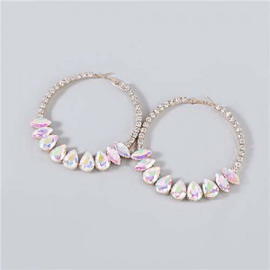 Super Shining Rhinestone Inlaid Hoop Design Banquet Fashion Women Costume Wholesale Earrings - Luminous White