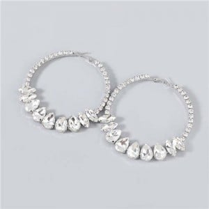 Super Shining Rhinestone Inlaid Hoop Design Banquet Fashion Women Costume Wholesale Earrings - Silver
