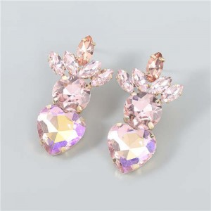 U.S.and European Heart Shape Rhinestone Inlaid Women Wholesale Fashion Costume Earrings - Pink