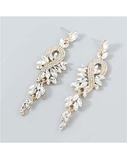 Rhinestone Inlaid Geometric Design U.S. Boutique Fashion Women Long Dangle Tassel Earrings - White
