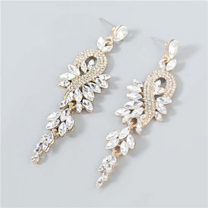 Rhinestone Inlaid Geometric Design U.S. Boutique Fashion Women Long Dangle Tassel Earrings - White