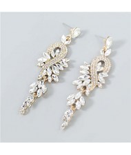 Rhinestone Inlaid Geometric Design U.S. Boutique Fashion Women Long Dangle Tassel Earrings - White