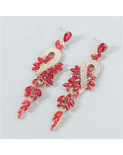 Rhinestone Inlaid Geometric Design U.S. Boutique Fashion Women Long Dangle Tassel Earrings - Red