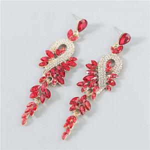 Rhinestone Inlaid Geometric Design U.S. Boutique Fashion Women Long Dangle Tassel Earrings - Red