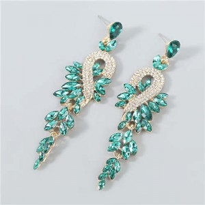 Rhinestone Inlaid Geometric Design U.S. Boutique Fashion Women Long Dangle Tassel Earrings - Green