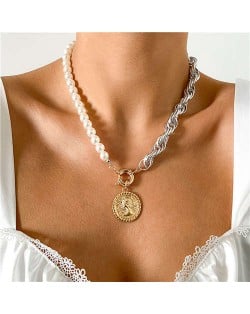 Silver Twist Chain and Pearl Combo Minimalist Design Portrait Pendant Women Wholesale Statement Necklace