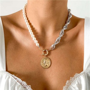 Silver Twist Chain and Pearl Combo Minimalist Design Portrait Pendant Women Wholesale Statement Necklace