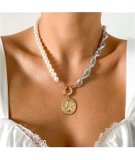 Silver Twist Chain and Pearl Combo Minimalist Design Portrait Pendant Women Wholesale Statement Necklace