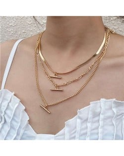 Wholesale Jewelry T-shape Pendant Triple Layers Chain Fashion Women Alloy Costume Necklace - Golden