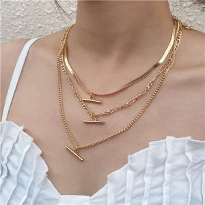 Wholesale Jewelry T-shape Pendant Triple Layers Chain Fashion Women Alloy Costume Necklace - Golden